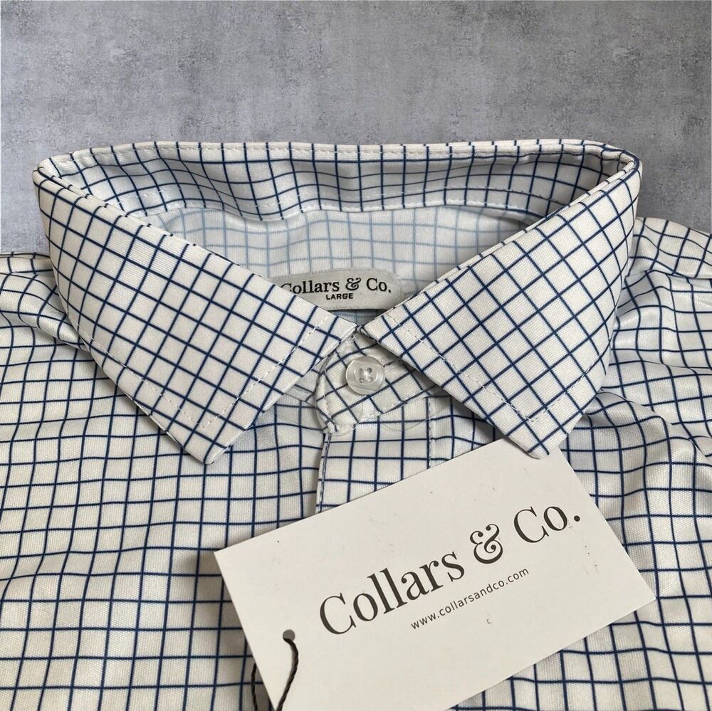 Collars & Co Polo Shirt Mens Large Navy Blue Thin Check Dress Collar Office NWT